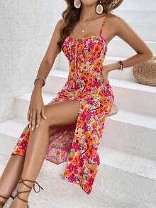 Frenchy Vestido de verano sin mangas para mujer con estampado floral, tirantes espagueti, fruncido en el pecho y abertura en el muslo - Multicolor - Ver 5