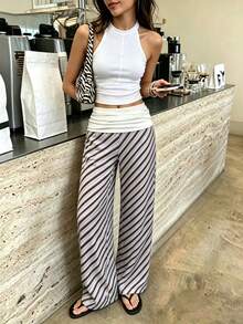 High-Waisted Elastic Waist Striped Wide Leg Pants, Draping Straight Leg Trousers, Versatile Commuter Pants, Festival Outfits, Beach Outfits For Women Spring - Multicolor - View 1
