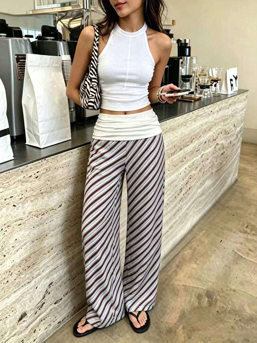 High-Waisted Elastic Waist Striped Wide Leg Pants, Draping Straight Leg Trousers, Versatile Commuter Pants, Festival Outfits, Beach Outfits For Women Spring - Multicolor - View 1