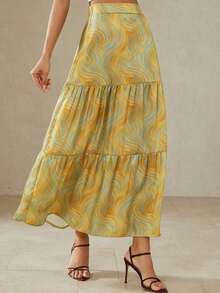 Falda maxi elegante y versátil de estilo plisado con pintura de graffiti francés para vacaciones - Multicolor - Ver 5