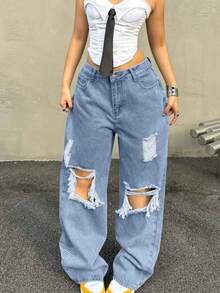 Jeans de cintura media corta vintage Y2K, jeans rectos con bolsillos laterales, con efecto desgastado y dobladillo deshilachado, adecuados para vacaciones y primavera - Azul claro - Ver 6