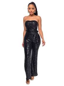 Mono nuevo para mujer, estilo hot, sin mangas, de lentejuelas, espalda descubierta, con cintas, top tubo, diseño sexy, perfecto para fotos de , club nocturno, fiestas y looks de noche - Negro - Ver 9
