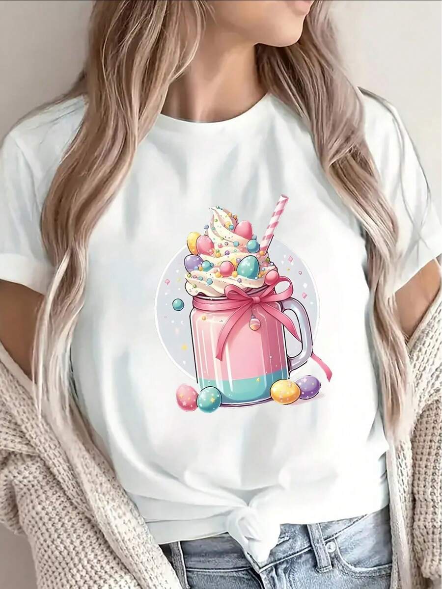 Camiseta de manga corta para mujer, de poliéster negro, estampada con coloridos diseños de batidos, adecuada para uso casual en casa o en restaurantes, diseño ligero y duradero, que ofrece tanto comodidad diaria como estilo. - Blanco - Ver 1