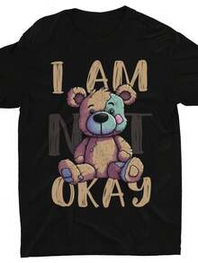 Camiseta "No estoy bien" Concienciación sobre la salud mental ME1NHEra Teddybär Oversize Shirt de algodón puro de 220 g, peso ideal para todas las estaciones, apto tanto para hombres como para mujeres. Tejido duradero de alta calidad, suave al tacto y de larga duración. Top transpirable, adecuado para el uso de mujeres en otoño y vacaciones. - Negro - Ver 1