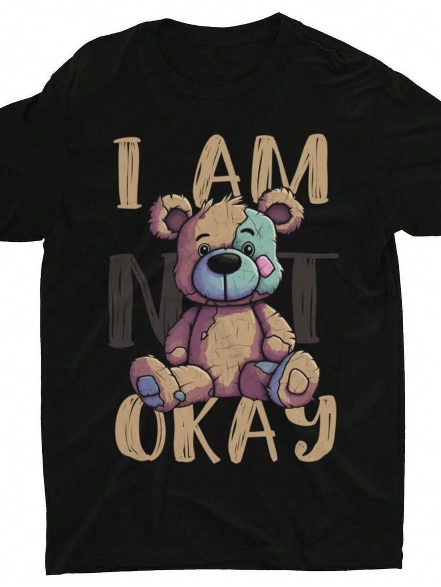 Camiseta "No estoy bien" Concienciación sobre la salud mental ME1NHEra Teddybär Oversize Shirt de algodón puro de 220 g, peso ideal para todas las estaciones, apto tanto para hombres como para mujeres. Tejido duradero de alta calidad, suave al tacto y de larga duración. Top transpirable, adecuado para el uso de mujeres en otoño y vacaciones. - Negro - Ver 1