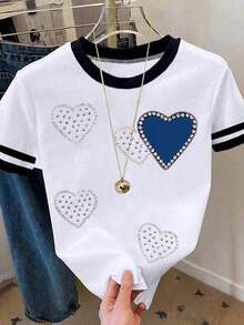 Camiseta de manga corta de cuello redondo casual con ribete de contraste para mujer, verano - Multicolor 3 - Ver 3