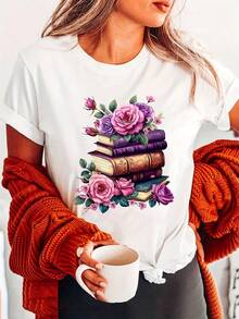 Camiseta Vintage Romántica con Estampado Floral de Rosas para Mujer, Estilo Europeo y Americano, Manga Corta, Estética Romántica, Novedad de Verano 2026, Top de Algodón Suave y Transpirable con Cuello Redondo, Estilo Casual para Casa/Citas, Camiseta Versátil. - Blanco - Ver 1