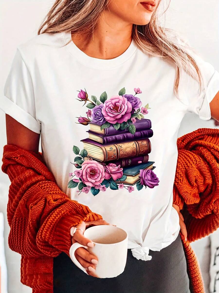 Camiseta Vintage Romántica con Estampado Floral de Rosas para Mujer, Estilo Europeo y Americano, Manga Corta, Estética Romántica, Novedad de Verano 2026, Top de Algodón Suave y Transpirable con Cuello Redondo, Estilo Casual para Casa/Citas, Camiseta Versátil. - Blanco - Ver 1