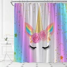 AMFD Unicorn Shower Curtain Rainbow Magic Head Rose Flower Romantic Cute Girl Baby Kid Pink Cartoon Bathroom Curtains Decor Polyester Fabric Waterproof 70 x 70 Inches Include Hooks - Rosa azul oro amarillo. - Ver 4