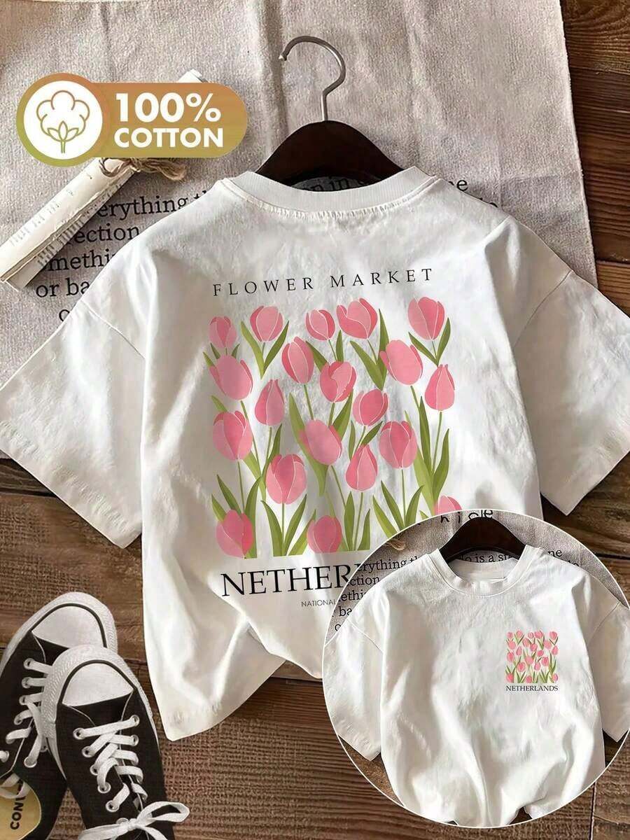 Camiseta de manga corta casual de verano para mujer, estilo sencillo, tulipán, hojas verdes, estampado FLOWER MARKET NETHERLANDS, cuello redondo, camiseta de manga corta de algodón puro [Ling K]2026 - Blanco - Ver 1