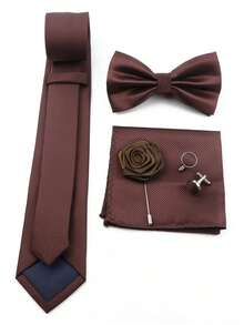 ZONFAZ 5pcs/Set Men's Business Fashion Plaid Necktie, Bow Tie, Pocket Square, Cufflinks, Lapel Pin Suit Accessories Set, Suitable For Weddings, Ceremonies And Daily Wear - Brown - View 4