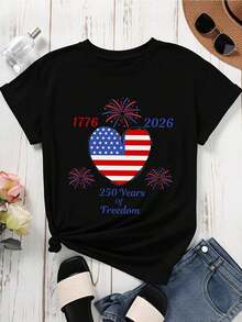 Women's Crew Neck T-Shirt With American Flag And Heart Print 1776-2026 250 Years Of Freedom, Fireworks, Short Sleeve, Independence Day Celebration, Patriotic Clothing For The 4th Of July Party - 黑色 - 查看 3