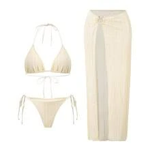 Bikini Sexy de 3 Piezas para Mujer con Falda de Encaje y Malla, Diseño Halter con Cordones – 2026 - 432 Albaricoque - Ver 6