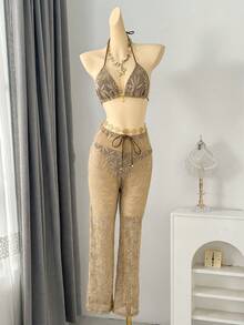 Traje de Baño de Tres Piezas con Estampado de Hojas y Pantalones Largos de Tela Compuesta, Nuevo 2026 - 9392 hojas son de color marrón claro. - Ver 8