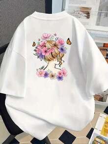 Camiseta de manga corta de talla grande para mujer - Camiseta básica casual de corte holgado, elegantes tops de poliéster, camiseta de manga corta estampada con diseños florales y de mariposas - Camiseta estampada de primavera/verano para mujer, artículo de moda, versátil y casual, transpirable y cómoda. - Blanco - Ver 2