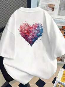 Camiseta de manga corta estampada con diseños en la parte delantera y trasera - Patrón de corazones, corazones en colores degradados - Camiseta estampada para mujer, primavera/verano, ¡tu mejor elección! Transpirable y cómoda. - Blanco - Ver 1