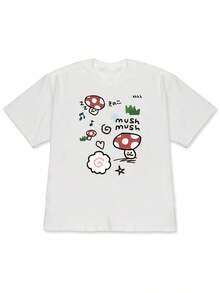 Camiseta de manga corta con hombros caídos, nueva primavera/verano 2026, con estilo de hongo moteado rojo y blanco con diseño de manera somnolenta/cara sonriente + hongo pequeño + elementos decorativos de nota musical/corazón/nube + combinación de ilustración de logotipo "Hongo" es japonés + mush - Blanco - Ver 6
