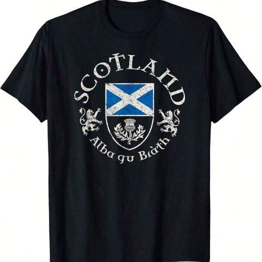 Camisa de algodón estampada para hombre y mujer, camisetas de verano para hombre, ropa para niños, camisas para adultos y niños, camiseta con capucha SCOTLAND Alba Gu Bràth, conjuntos de verano para hombre, camisetas negras, ropa de verano, conjunto familiar a juego, tallas para adultos y niños. - Negro - Ver 1