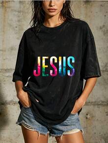 Camiseta de manga corta para mujer con estampado colorido de Jesús, 180g - Un regalo para Pascua y fiestas de verano, adecuada para uso diario casual, salidas familiares y actividades grupales. - Negro - Ver 1
