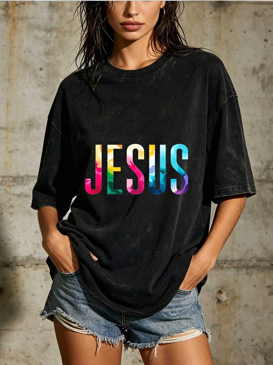 Camiseta de manga corta para mujer con estampado colorido de Jesús, 180g - Un regalo para Pascua y fiestas de verano, adecuada para uso diario casual, salidas familiares y actividades grupales. - Negro - Ver 1