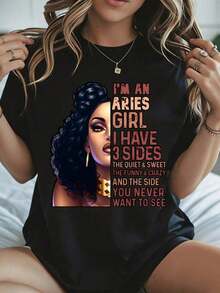 Elegante y casual camiseta de manga corta para mujer, camiseta de Aries para chica, regalo de cumpleaños del zodiaco, diseño de Aries con tres lados, ropa casual negra para mujer, primavera verano. - Negro - Ver 8