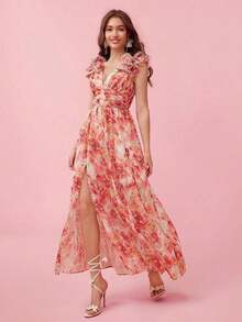 Mujeres elegante vestido estampado dividido (patrón aleatorio) - Amarillo - Ver 8