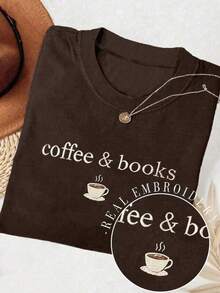 1 pieza Camiseta casual de mujer con cuello redondo y diseño bordado Café y Libros - Negro - Ver 6