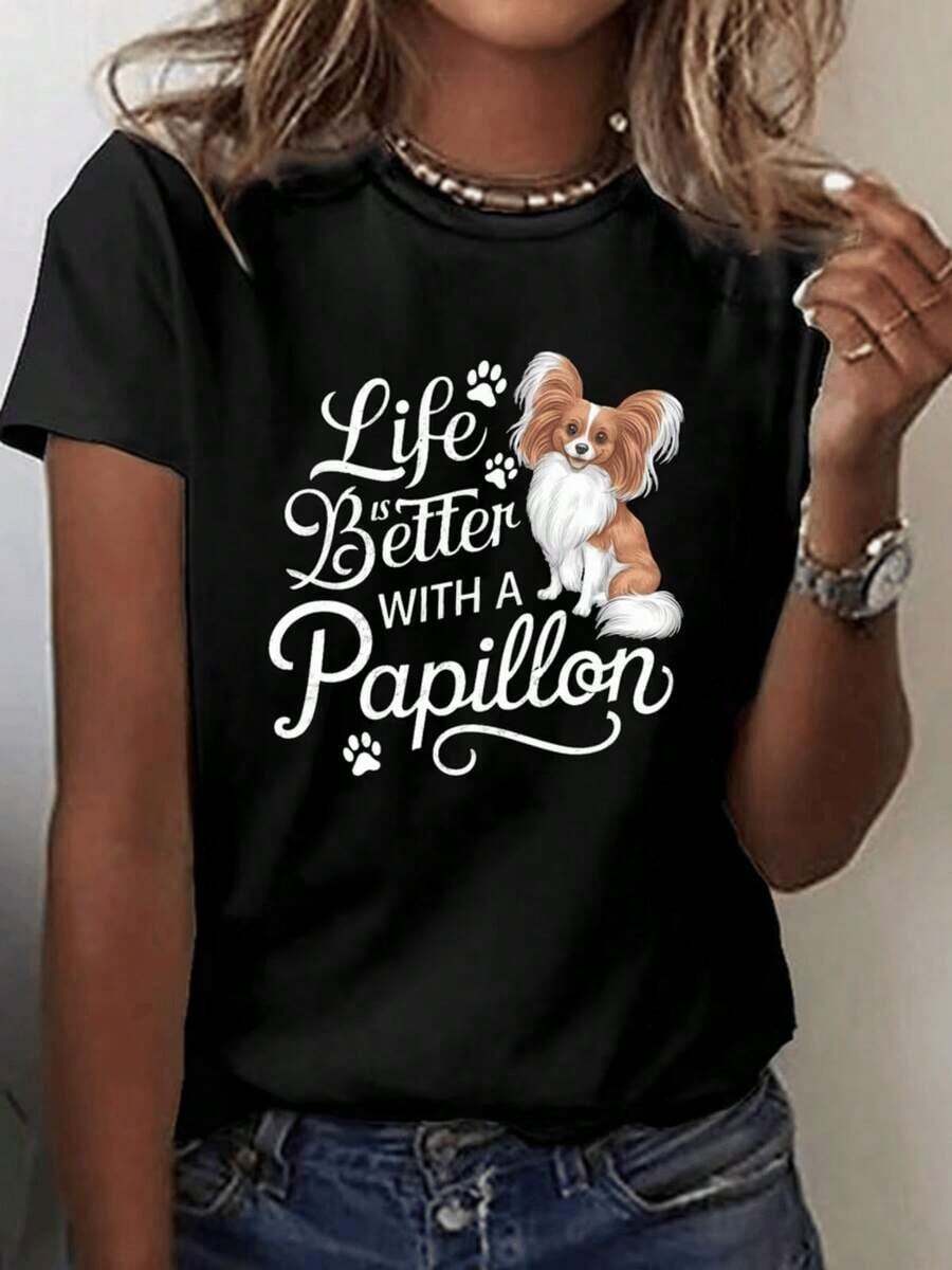 Camiseta de Mujer con Estampado Papillon | Camiseta de manga corta con cuello redondo, ajuste elástico, lavable a máquina, ideal para primavera/verano, perfecta para amantes de las mascotas y para uso diario. - Negro - Ver 1