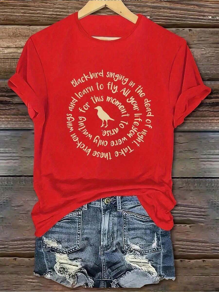 NewSummerCasual1 Women's Short Sleeve Crew Neck T-Shirt, Casual Knit Style, Suitable For All Seasons, Simple And Modern, With A Fun "Short Text And Bird" Print, 100% Cotton. Unisex Loose Fit Short Sleeve Crew Neck Cotton T-Shirt With Urban Vintage Style - 紅色的 - 查看 1
