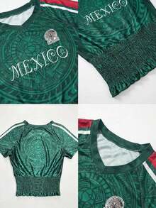2026 Camiseta corta de mujer casual con cuello en V de malla mexicana, plisada y ajustada, adecuada para el estilo callejero en primavera y verano, ropa de verano para mujer, Copa Mundial - Verde - Ver 8