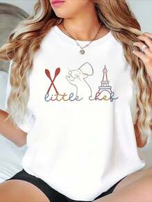 Camiseta casual de manga corta para mujer, ideal para vacaciones de verano, con un dibujo del ratón Remy usando un gorro de chef, combinada con una camiseta holgada con motivos de cuchara cruzada y la Torre Eiffel de París. Ropa de moda para mujer, primavera/verano. - Negro - Ver 8