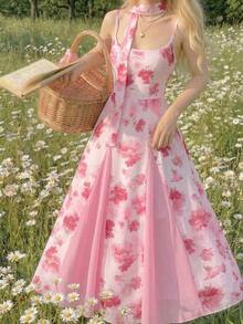 MOD Vestido elegante de mujer con estampado floral, cintura fruncida y tirantes largos para fiesta - Rosa - Ver 2