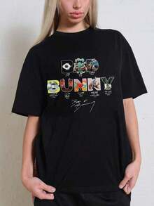 1 Pieza Moda Informal Para Hombres Y MujeresWOOAVIVA A la moda Verano Suave 100% Algodón Mujeres Camiseta Con Conejo Gráfico Imprimir, Ideal Regalo para Anime Amantes, Lindo Dibujos animados Diseño, Regalos Para Día de San Valentín Día, Cómodo Ropa urbana Informal Perfecto para Todos Estaciones del año, Mujeres Las blusas son versátiles, fáciles de combinar, adecuadas para el uso diario, el estilo urbano, los conjuntos de vacaciones y la ropa de fin de semana. - Negro - Ver 6