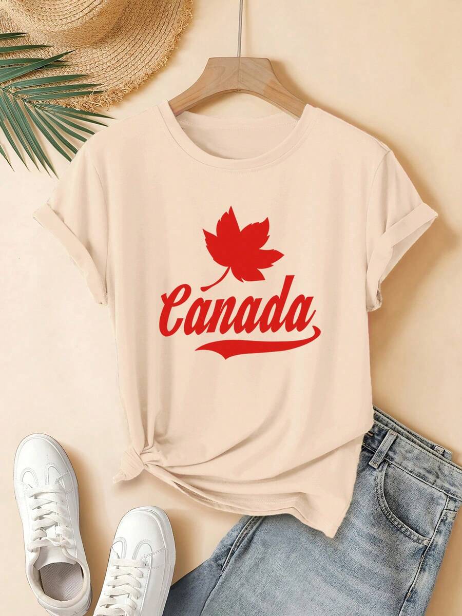Camiseta casual esencial de manga corta con cuello redondo para mujer joven, con estampado de hoja de arce canadiense y letras rojas, moderna y linda, lavable a máquina, adecuada para el estilo casual de calle de uso diario, una excelente opción para regalos, ideal para el hogar, la oficina y otras ocasiones. Algodón Suave para Uso Diario en Verano - Albaricoque - Ver 1