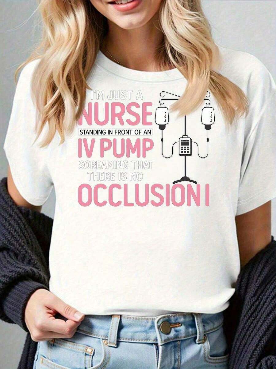 Camiseta Divertida para Enfermeras con Estampado de Bomba de Infusión - Top Casual de Manga Corta para Profesionales de la Salud, Cuello Redondo (Negro, Gris, Blanco, Rojo Oscuro) - Ideal para Iniciar Conversaciones con Trabajadores de la Salud, 100% Algodón - Blanco - Ver 1