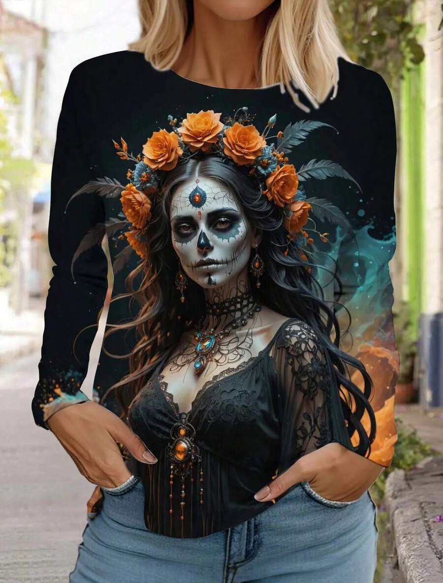 Camisa de manga larga con estampado de calavera de azúcar para mujer, camisas del Día de los muertos, Tops estampados en 3D, ropa de mujer de estilo gótico de verano - CAC04G2025151R5 - Ver 1
