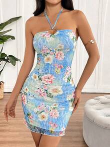 Vestidos Halter para Mujer, Elegantes y Sexys, con Espalda Descubierta y Encaje, Vestidos con Estampado de Moda Urbana, Novedad de Verano - Azul - Ver 4