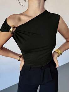 Asymmetrical Off-The-Shoulder Top With Metallic Embellishments, Stylish And Casual, Suitable For Going Out, Parties, And Other Occasions/Autumn For Women/Halloween Costume For Women/Red Christmas T-Shirt/New Year's Top/Elegant Top For Women - 黑色 - 查看 6