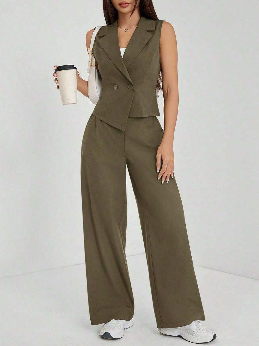 de 2 piezas de ropa de otoño, top sin mangas y pantalones de unicolor para mujer - Verde militar - Ver 1