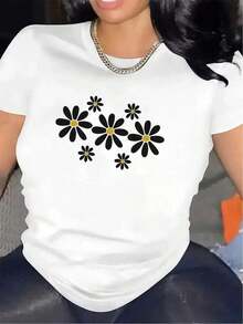 100% Cotton Short Sleeve T-Shirt With Daisy Print, Polyester Fabric, Lightweight And Durable, Ideal For Casual Wear At Home, Restaurant Or Outdoor Environments - 白色 - 查看 6