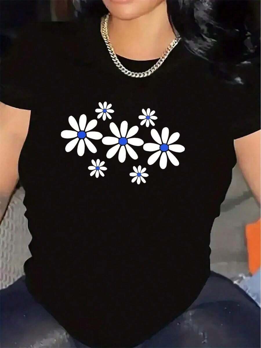 100% cotton Camiseta de Manga Corta con Estampado de Margaritas, Tejido de Poliéster, Ligera y Duradera, Ideal para Uso Casual en Casa, Restaurante o Ambientes al Aire Libre - Negro - Ver 1