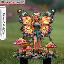 2D扁平仙子蝴蝶翅膀花园插牌 - 2D扁平亚克力户外装饰品，带尖底座，鲜艳的绿色和金色仙子，蘑菇形顶部带红色帽，轻巧设计，适用于花坛、草坪 - A - 查看 1