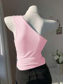 Blusa elegante de un hombro con pliegues negra de verano para mujer - Rosa Pálido - Ver 2