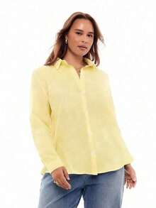 Camisa de manga larga con cuello vuelto y botones para mujer de talla grande, elegante camisa blanca de otoño - Amarillo claro - Ver 4