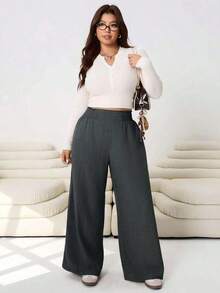 2026 Primavera/Verano Nuevos pantalones casuales para uso diario, fiestas, ir al trabajo, volver al colegio, citas, en casa, fiestas de cumpleaños, para múltiples ocasiones, con cintura elástica holgada, pernera ancha, color beige, talla grande - Gris Oscuro - Ver 5