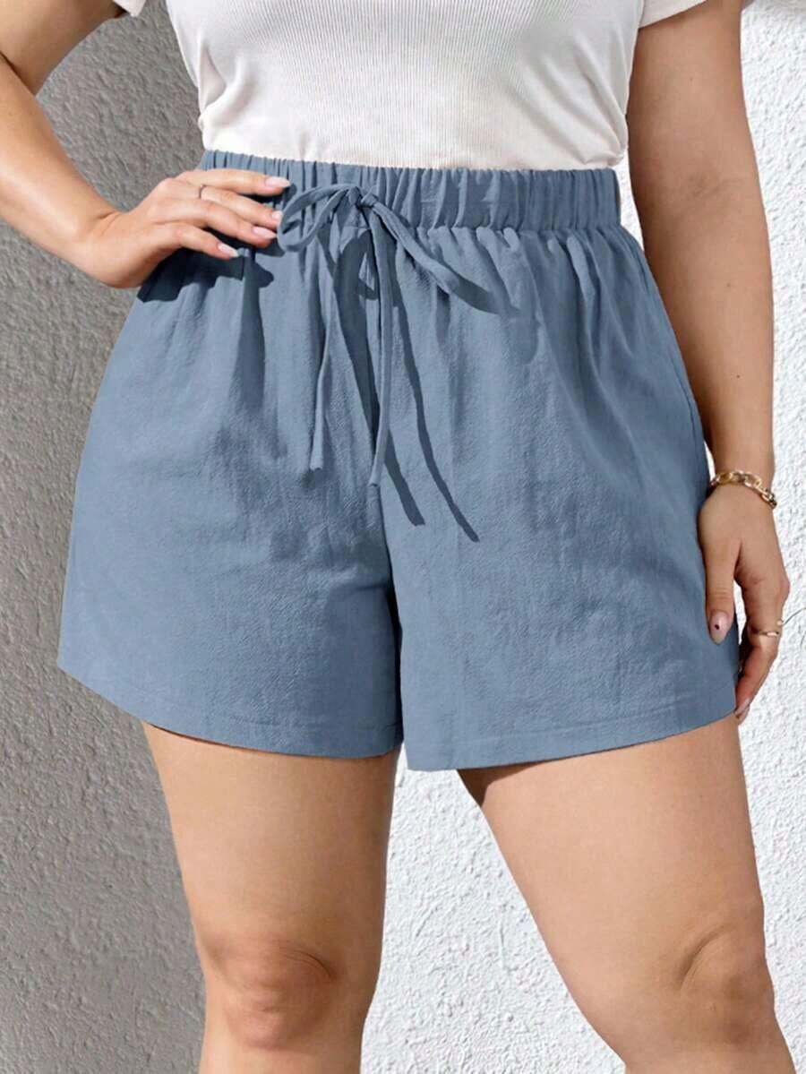 Pantalones Cortos Khaki De Textura De Talla Grande Para Mujer Para Primavera/verano - Azul - Ver 1