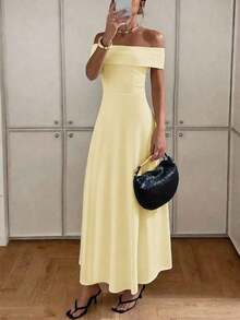 Vestido de mujer de unicolor con hombros descubiertos, nuevo vestido largo elegante y ajustado sin espalda para fiestas, uso diario y citas - Amarillo - Ver 7
