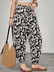 Pantalones casuales de verano para mujer de talla grande con estampado geométrico, cintura alta y dobladillo con cordones para usar a diario o salir - Multicolor 2 - Ver 6