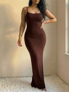 Vestido largo de uso diario con tiras cruzadas sencillas y liso para mujer - Marrón Chocolate - Ver 1