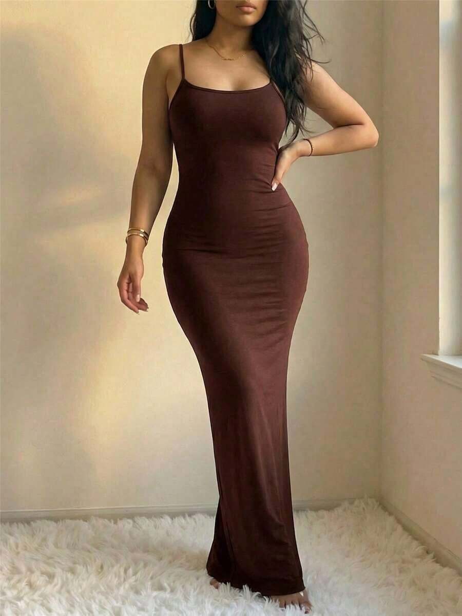 Vestido largo de uso diario con tiras cruzadas sencillas y liso para mujer - Marrón Chocolate - Ver 1